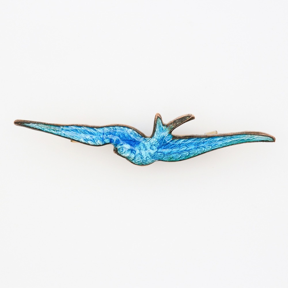 Antique Victorian Blue Guilloche Enamel Swallow Bird Brooch Pin Gold Tone 1900s